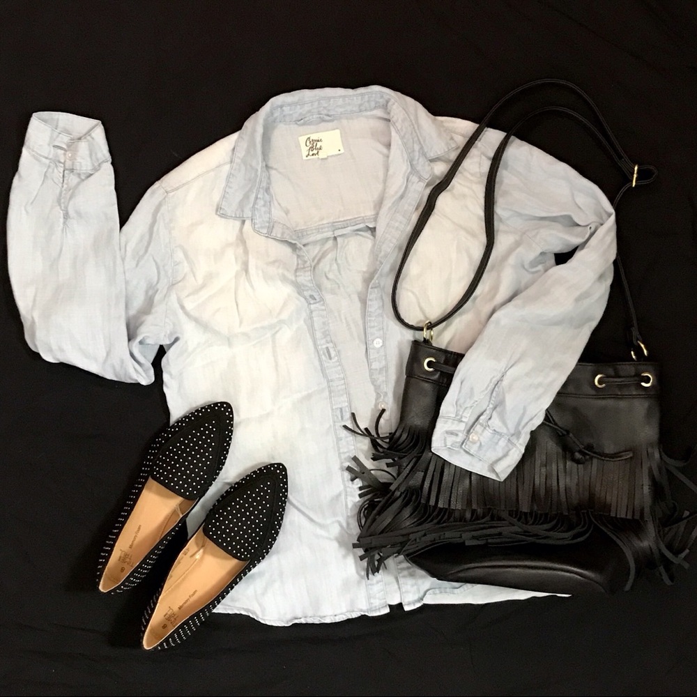 Cosmic blue love button-up denim shirt